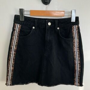Topshop moto black denim cotton mini skirt with leopard stripes, size 4